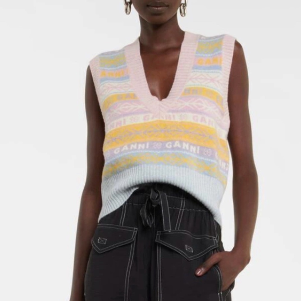GANNI | Knit Graphic V-Neck Vest | XS | Pastel | Excellent